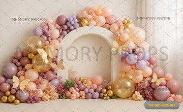 WHITE ARCH WITH MAUVE AND GOLD BALLOON GARLAND - PRINTED BACKDROP