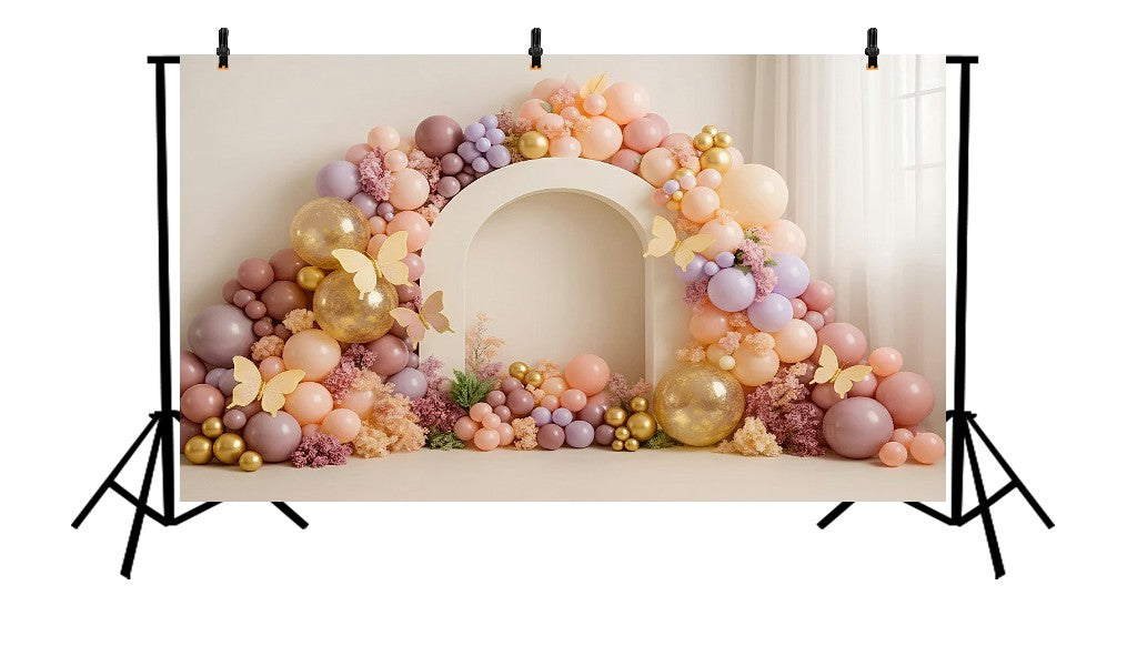 WHITE ARCH WITH MAUVE AND GOLD BALLOON GARLAND - PRINTED BACKDROP