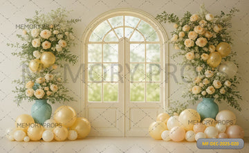 ELEGANT WHITE FRENCH DOOR WITH FLORAL VASES - PRINTED BACKDROP