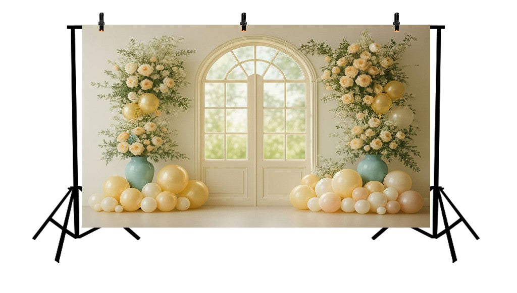 ELEGANT WHITE FRENCH DOOR WITH FLORAL VASES - PRINTED BACKDROP