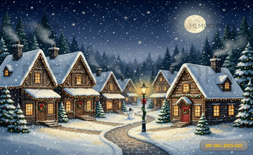 SNOWY CHRISTMAS VILLAGE UNDER FULL MOON - PRINTED BACKDROP