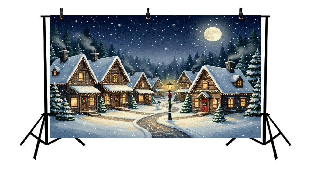 SNOWY CHRISTMAS VILLAGE UNDER FULL MOON - PRINTED BACKDROP