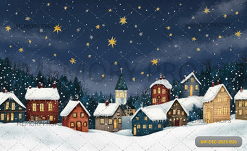 STARRY NIGHT SNOWY VILLAGE - PRINTED BACKDROP