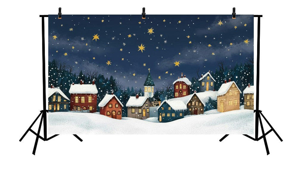 STARRY NIGHT SNOWY VILLAGE - PRINTED BACKDROP