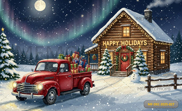 HAPPY HOLIDAYS LOG CABIN WITH RED TRUCK - PRINTED BACKDROP
