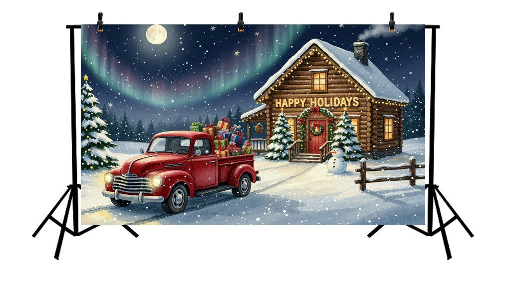 HAPPY HOLIDAYS LOG CABIN WITH RED TRUCK - PRINTED BACKDROP