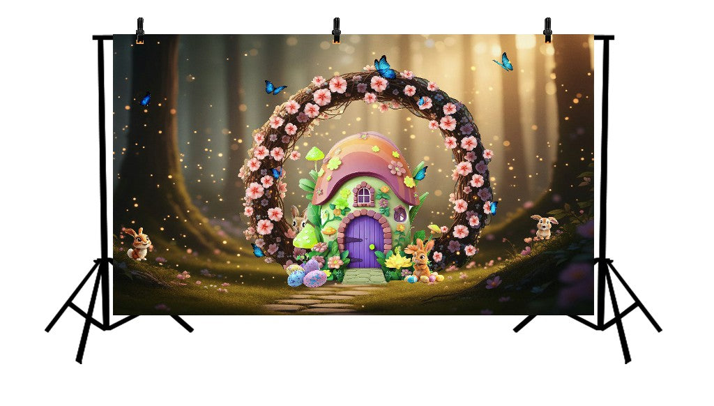 FAIRY GARDEN MUSHROOM HOUSE WITH BUNNIES - PRINTED BACKDROP