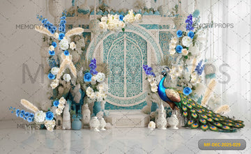 ORNATE TEAL ARCH WITH PEACOCK AND BLUE - PRINTED BACKDROP