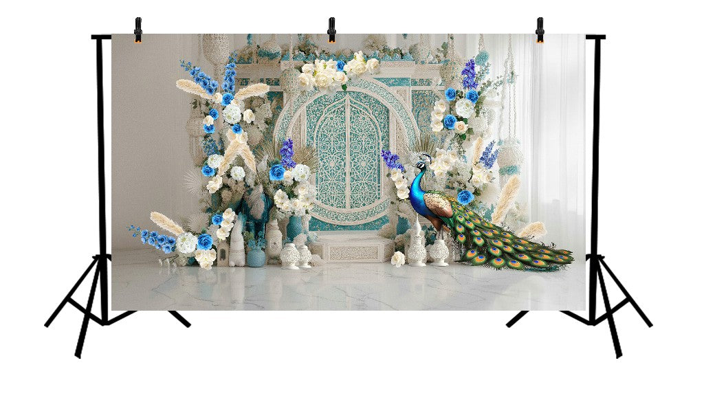 ORNATE TEAL ARCH WITH PEACOCK AND BLUE - PRINTED BACKDROP