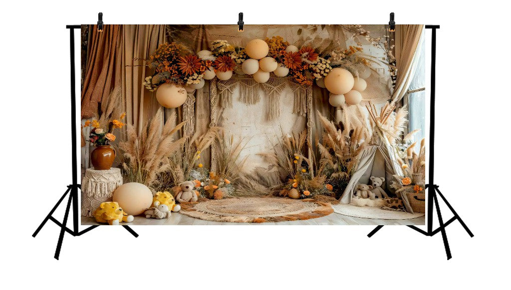BOHO NEUTRAL BALLOON AND PAMPAS GRASS - PRINTED BACKDROP
