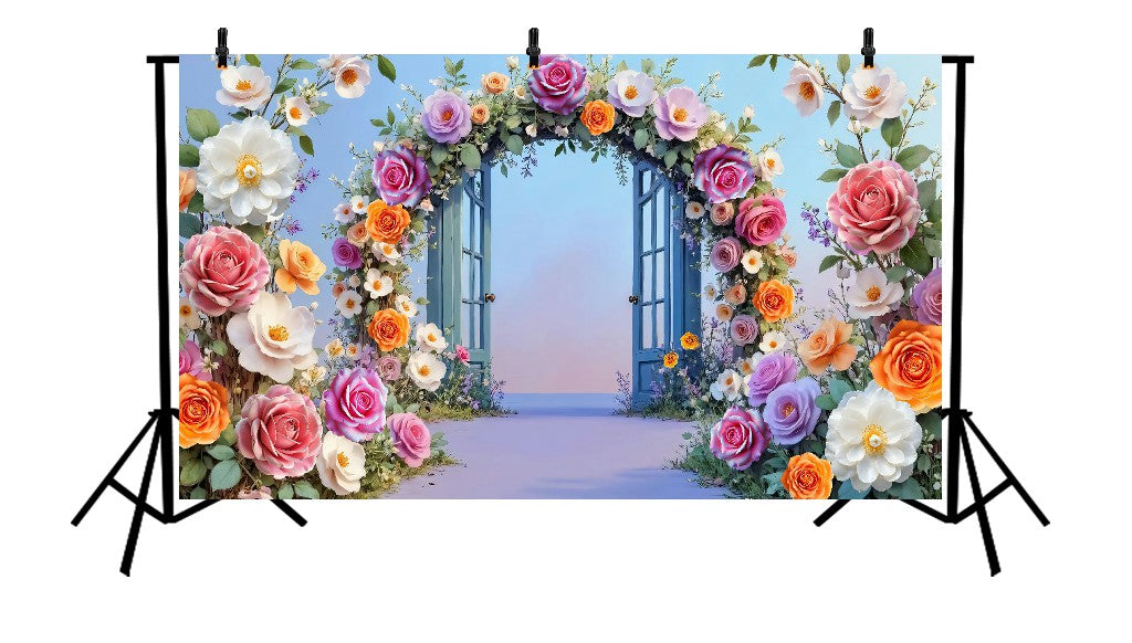 MAGICAL FLORAL ARCH WITH OPEN BLUE DOORS - PRINTED BACKDROP