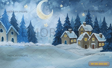 SNOWY NIGHT VILLAGE WITH CRESCENT MOON - PRINTED BACKDROP