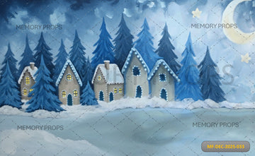 ILLUSTRATED BLUE WINTER VILLAGE WITH SNOWY PINES - PRINTED BACKDROP