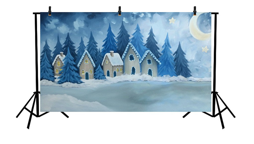 ILLUSTRATED BLUE WINTER VILLAGE WITH SNOWY PINES - PRINTED BACKDROP