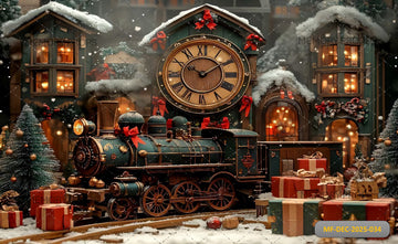 VINTAGE CHRISTMAS TRAIN AND VILLAGE CLOCK TOWER - PRINTED BACKDROP