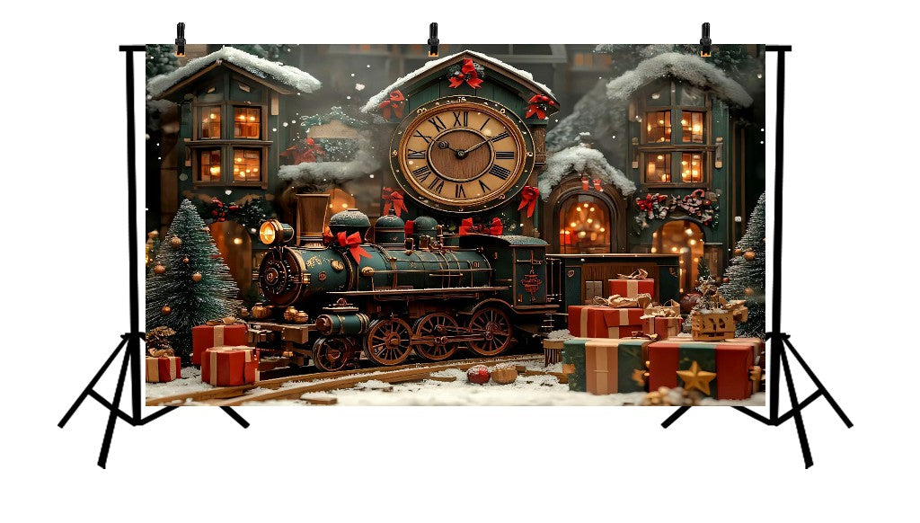 VINTAGE CHRISTMAS TRAIN AND VILLAGE CLOCK TOWER - PRINTED BACKDROP
