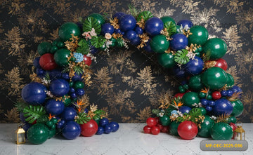 LUXURY EMERALD AND NAVY BALLOON ARCH WITH GOLD FOIL LEAVES - PRINTED BACKDROOP