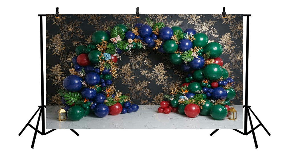 LUXURY EMERALD AND NAVY BALLOON ARCH WITH GOLD FOIL LEAVES - PRINTED BACKDROOP