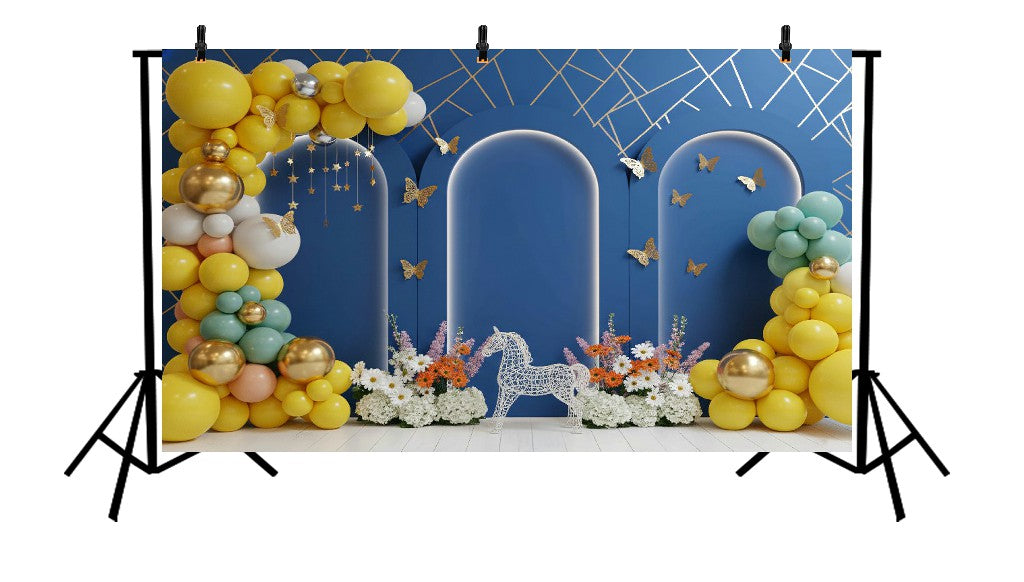 ROYAL BLUE TRIPLE ARCH WITH YELLOW BALLOONS AND WHITE HORSE - PRINTED BACKDROP