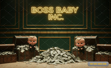 BOSS BABY INC. GREEN WALL WITH TREASURE CHESTS AND CASH - PRINTED BACKDROP