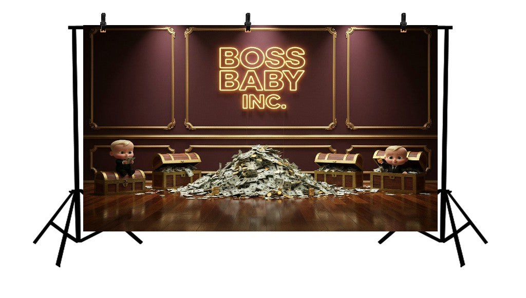 BOSS BABY INC. BURGUNDY WALL WITH MONEY PILES AND CHESTS - PRINTED BACKDROP