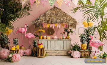 TROPICAL FLAMINGO TIKI HUT - PRINTED BACKDROP