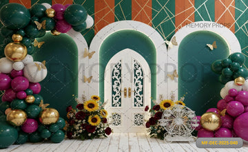 ELEGANT GREEN TRIPLE ARCH WITH TEAL BALLOONS AND SUNFLOWERS - PRINTED BACKDROP