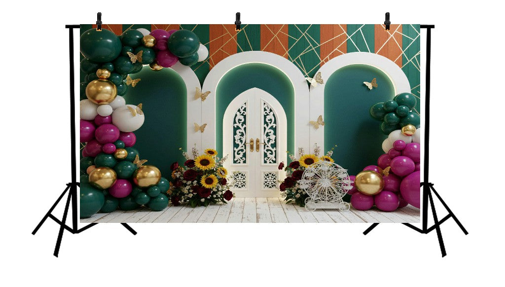 ELEGANT GREEN TRIPLE ARCH WITH TEAL BALLOONS AND SUNFLOWERS - PRINTED BACKDROP