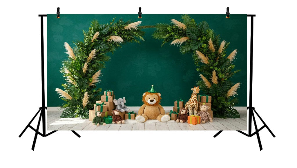 JUNGLE SAFARI PARTY ARCH WITH PLUSH ANIMALS AND GIFTS - PRINTED BACKDROP