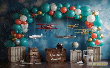 ADVENTURE AWAITS AIRPLANE AND BALLOON ARCH - PRINTED BACKDROP