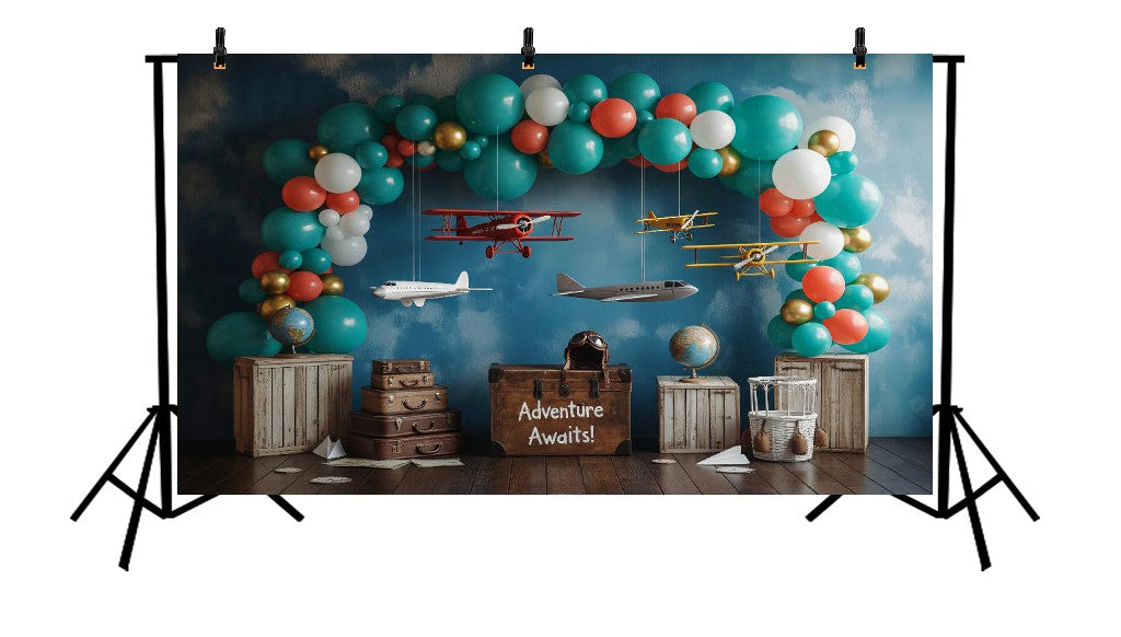 ADVENTURE AWAITS AIRPLANE AND BALLOON ARCH - PRINTED BACKDROP