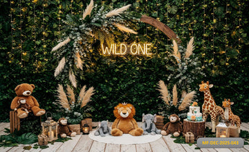 WILD ONE SAFARI GREENERY WALL WITH PLUSH ANIMALS AND CAKE - PRINTED BACKDROP