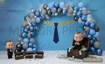 BOSS BABY INC BLUE BALLOON ARCH WITH TIE AND CASH CHESTS - PRINTED BACKDROP