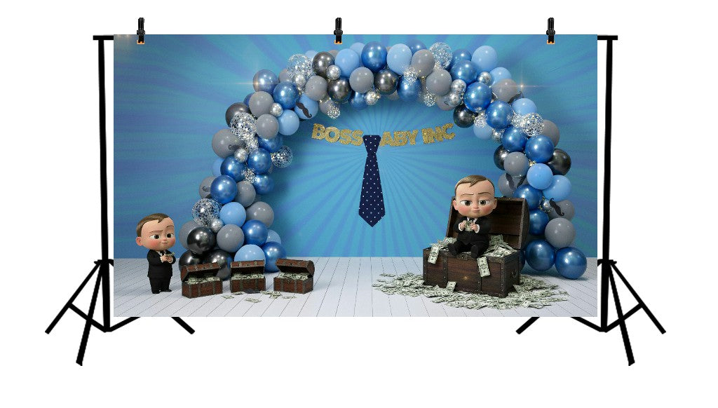 BOSS BABY INC BLUE BALLOON ARCH WITH TIE AND CASH CHESTS - PRINTED BACKDROP