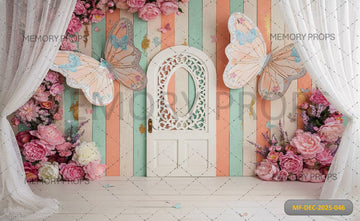 WHIMSICAL BUTTERFLY GARDEN WITH WHITE ORNATE DOOR AND PINK FLORALS - PRINTED BACKDROP