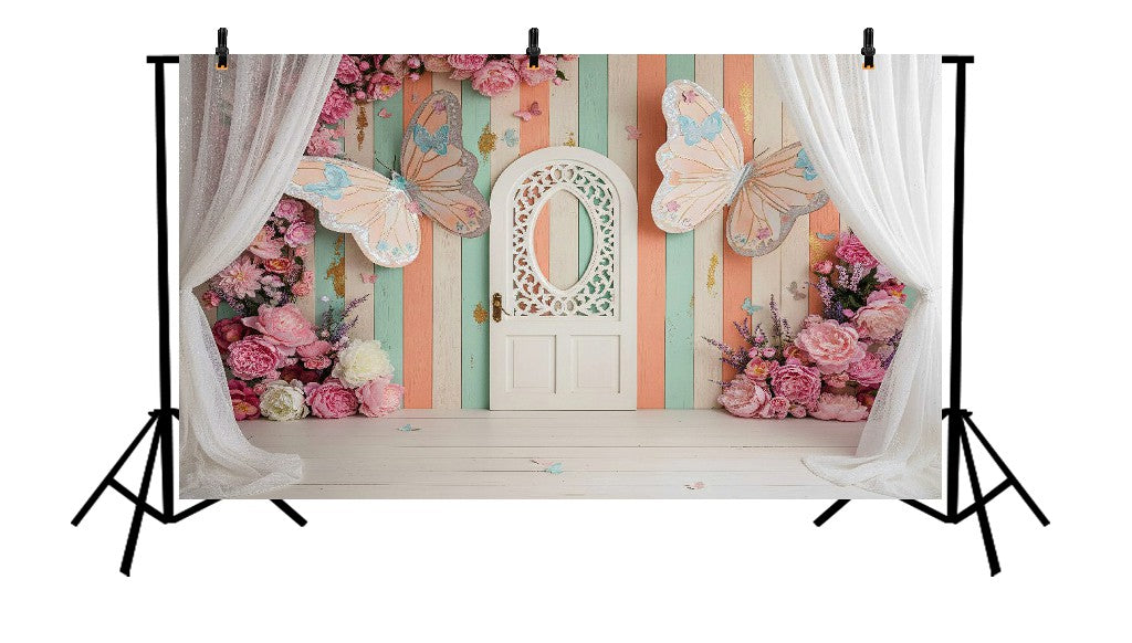WHIMSICAL BUTTERFLY GARDEN WITH WHITE ORNATE DOOR AND PINK FLORALS - PRINTED BACKDROP