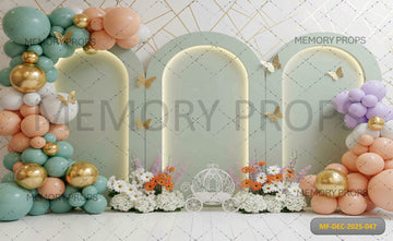 MINT GREEN TRIPLE ARCH WITH PEACH BALLOONS AND CINDERELLA CARRIAGE - PRINTED BACKDROP