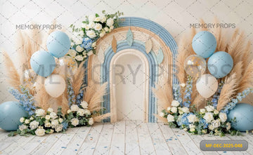 BOHO BLUE AND CREAM MACRAMÉ RAINBOW WITH PAMPAS GRASS AND BALLOONS - PRINTED BACKDROP