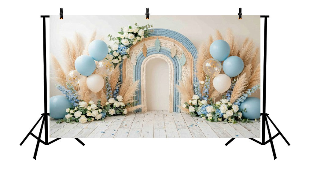 BOHO BLUE AND CREAM MACRAMÉ RAINBOW WITH PAMPAS GRASS AND BALLOONS - PRINTED BACKDROP