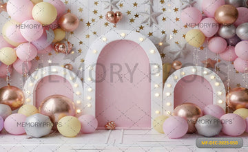 PINK MARQUEE LIGHT ARCHES WITH GOLD BALLOONS AND SILVER STARS - PRINTED BACKDROP