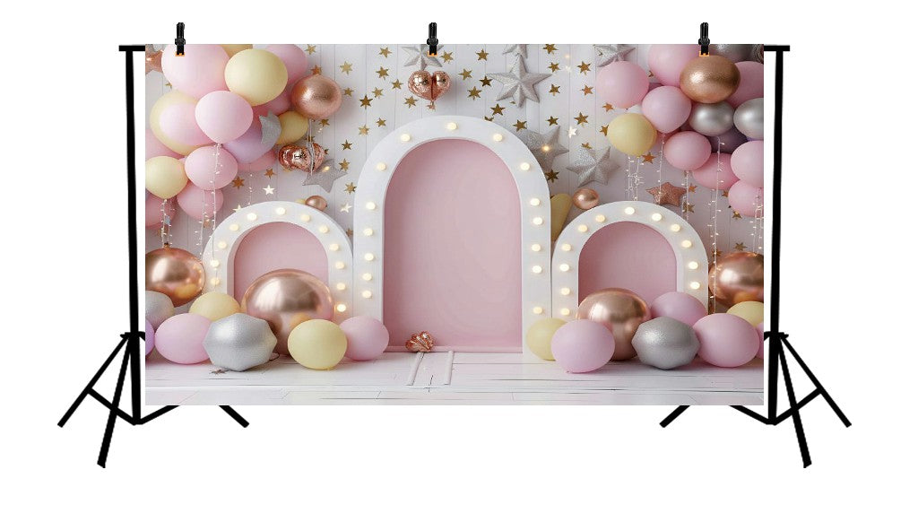 PINK MARQUEE LIGHT ARCHES WITH GOLD BALLOONS AND SILVER STARS - PRINTED BACKDROP