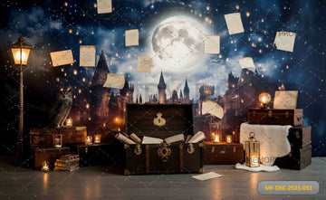 WIZARD SCHOOL CASTLE AT NIGHT WITH OWL AND FLOATING LETTERS - PRINTED BACKDROP