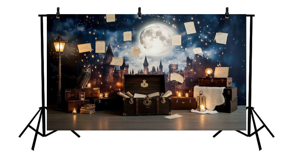 WIZARD SCHOOL CASTLE AT NIGHT WITH OWL AND FLOATING LETTERS - PRINTED BACKDROP