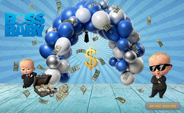 THE BOSS BABY BLUE AND SILVER BALLOON ARCH WITH FLYING CASH - PRINTED BACKDROP