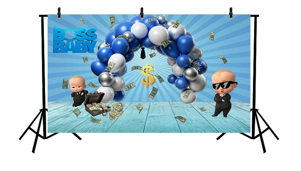 THE BOSS BABY BLUE AND SILVER BALLOON ARCH WITH FLYING CASH - PRINTED BACKDROP