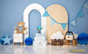 LITTLE PILOT BLUE BACKDROP WITH TEDDY BEAR AND VINTAGE SUITCASES - PRINTED BACKDROP
