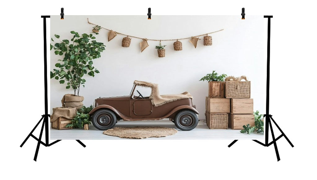 VINTAGE BROWN PEDAL CAR WITH RUSTIC WOODEN BOXES AND GREENERY - PRINTED BACKDROP