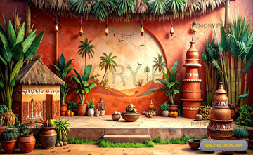 TROPICAL DESERT VILLAGE WITH PALM TREES AND TRADITIONAL POTTERY - PRINTED BACKDROP
