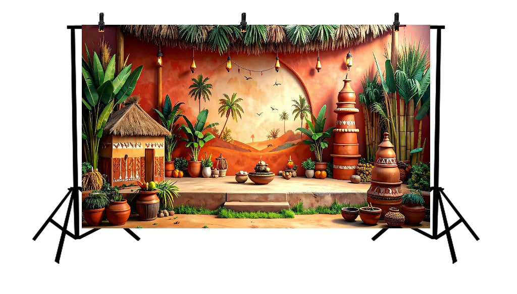 TROPICAL DESERT VILLAGE WITH PALM TREES AND TRADITIONAL POTTERY - PRINTED BACKDROP