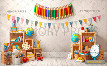 COLORFUL ART CLASSROOM WITH GIANT PENCILS AND BUNTING FLAGS - PRINTED BACKDROP